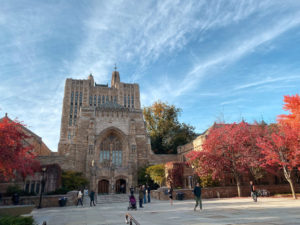 The front of Sterling Library from Cross Campus.